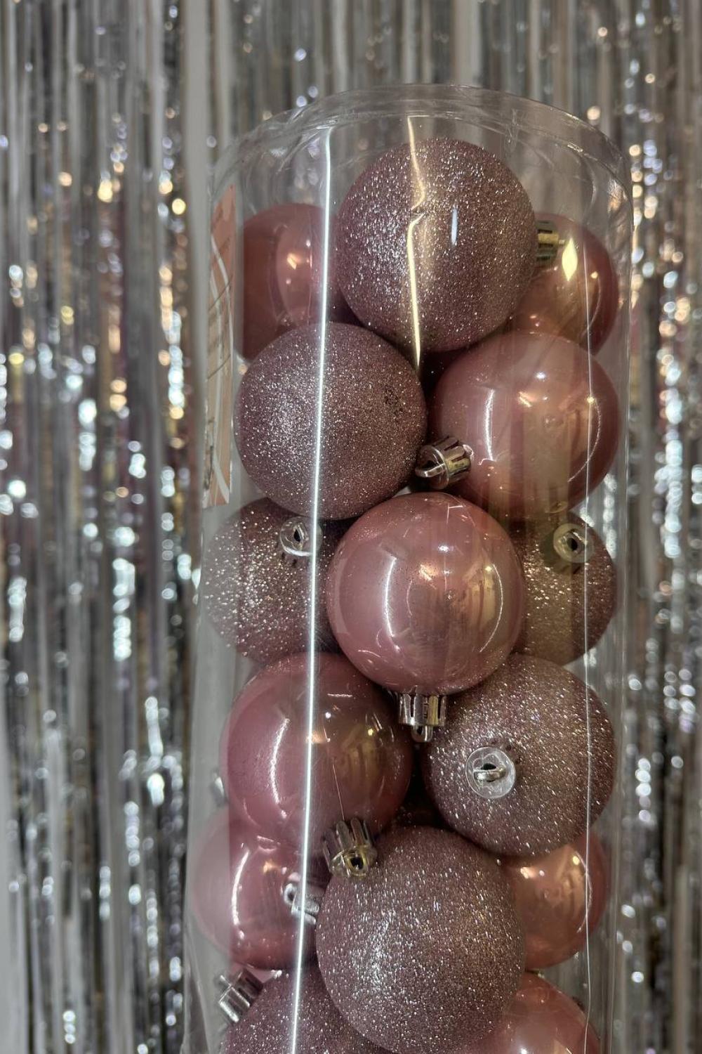 Set of Christmas balls 6cm, 24pcs; color - pink, 12 pcs - mother of pearl, 12 pcs - glitter
