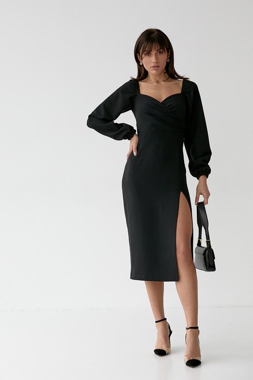 Black midi cocktail dress with a slit