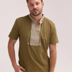 Men's Olive-Colored Cossack-Style Embroidered T-Shirt