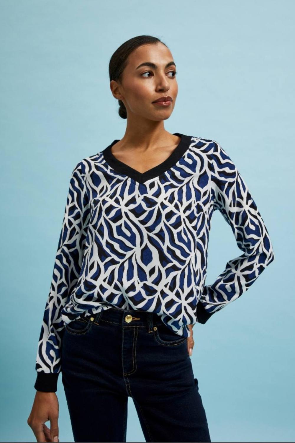 Navy viscose blouse with print MOODO