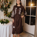 Women's brown embroidered dress with white embroidery PTAŠKA_brown_dress