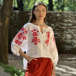 Women's embroidered white linen with red poppies MAXA