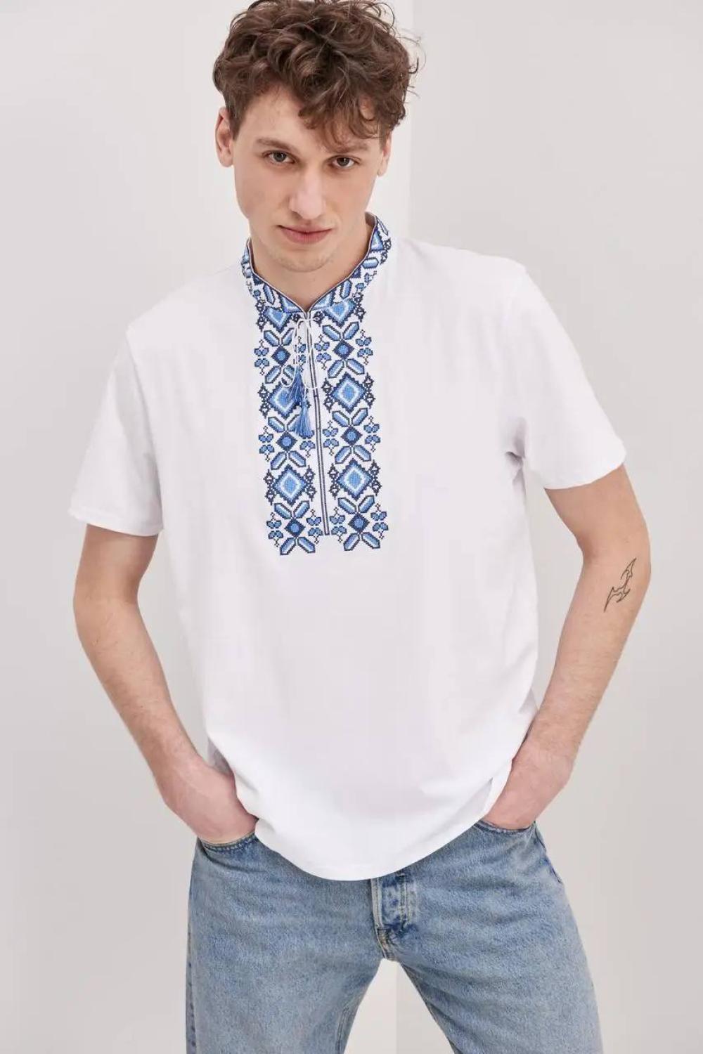 Men's embroidered T-shirt, white and blue