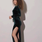 Green velor dress with a slit