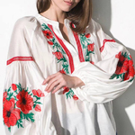 Designer light embroidered blouse with red flowers MAXA