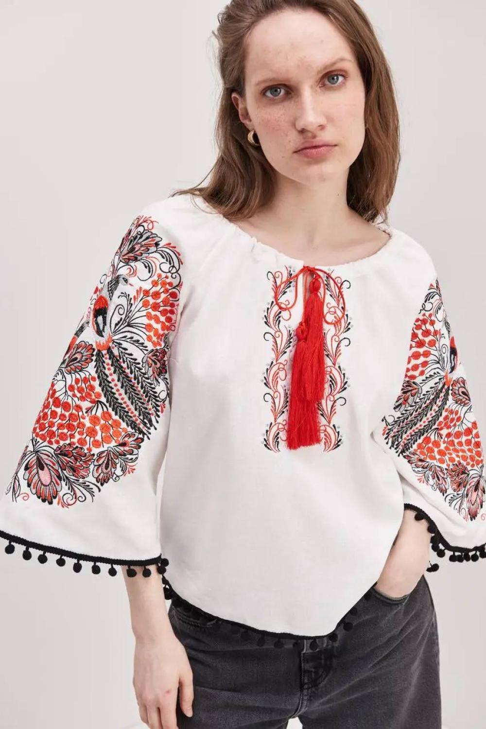 Women's embroidered shirt, white with red embroidery, Petrykivka style