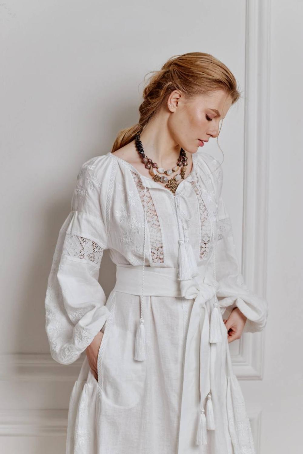 Women's white linen embroidered dress Natalka EMBROIDERED GEM