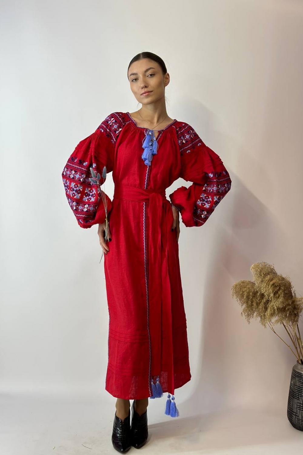 Women's red linen embroidered dress Solomia EMBROIDERED GEM
