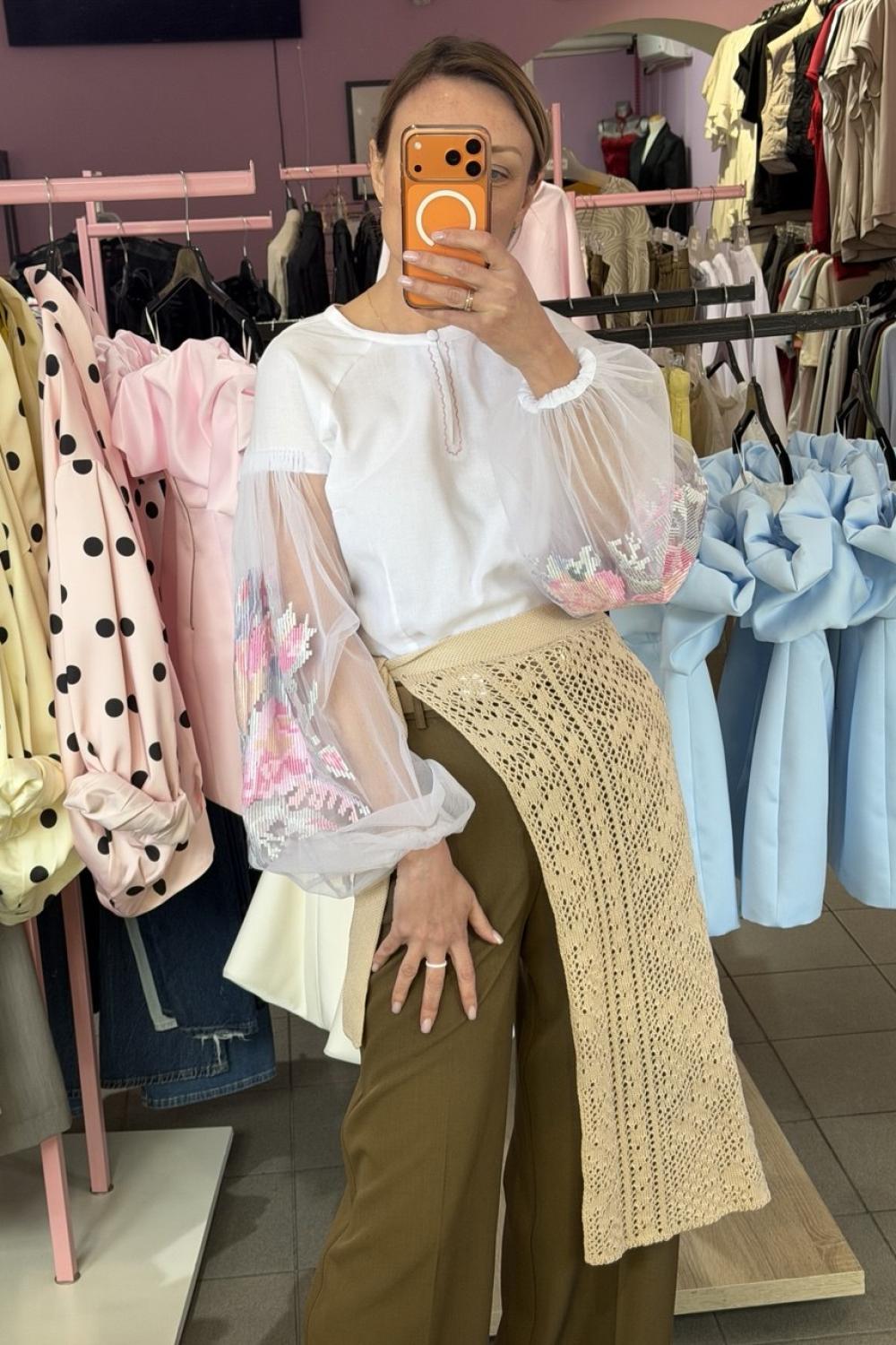Women's white embroidered shirt with sheer sleeves by piksel - EtnoSkarby