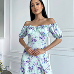 Larionoff mint dress with purple copper flowers