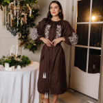 Women's brown embroidered dress with white embroidery PTAŠKA_brown_dress