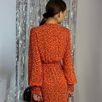 Orange wrap dress with print 20AH517. France. Yuka Paris