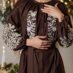 Women's brown embroidered dress with white embroidery PTAŠKA_brown_dress
