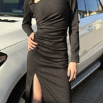 Black midi dress with an asymmetric neckline 6351 AZURI