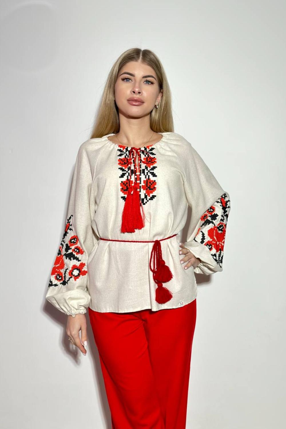Women's beige embroidered jacket with red embroidery by Ruta MEREZHKA