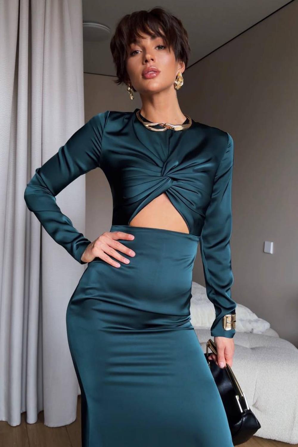 Long green dress with slit 496_smaragd