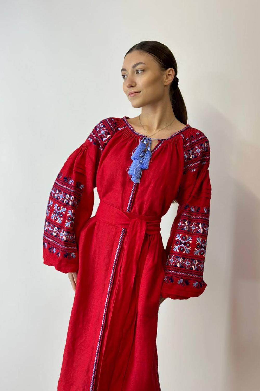 Women's red linen embroidered dress Solomia EMBROIDERED GEM