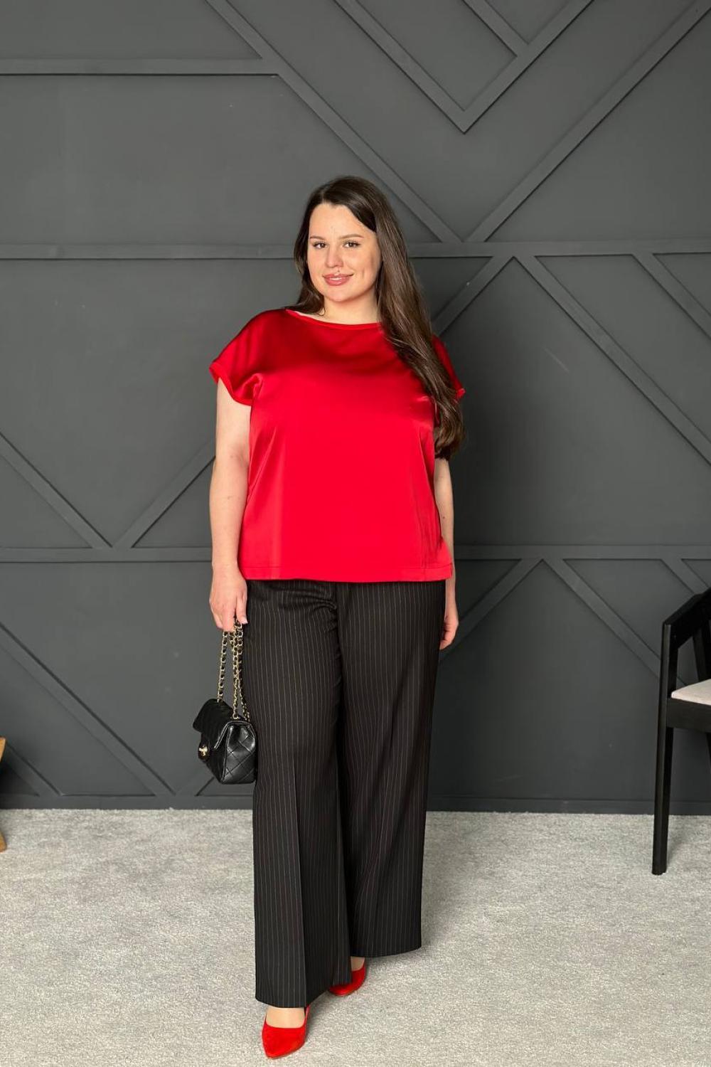 Red silk blouse with short sleeves and large slits 0006-72