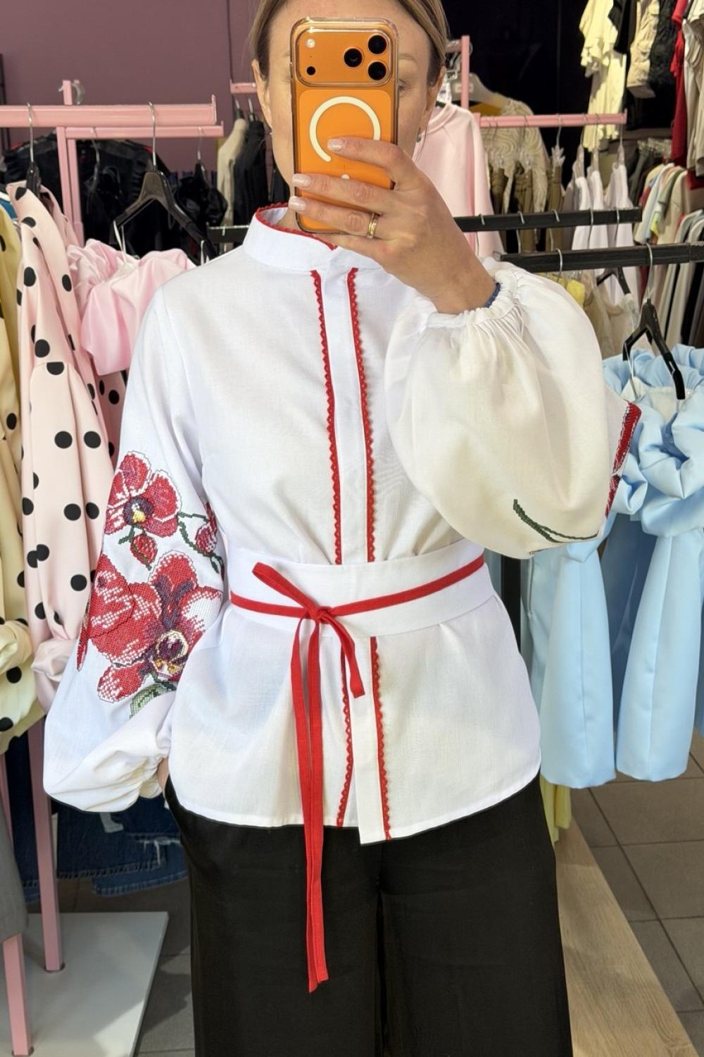 Women's white embroidered shirt with red embroidery Orchid