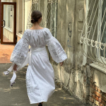 Women's white linen embroidered dress with silver embroidery Ceremonial EMBROIDERED GEM