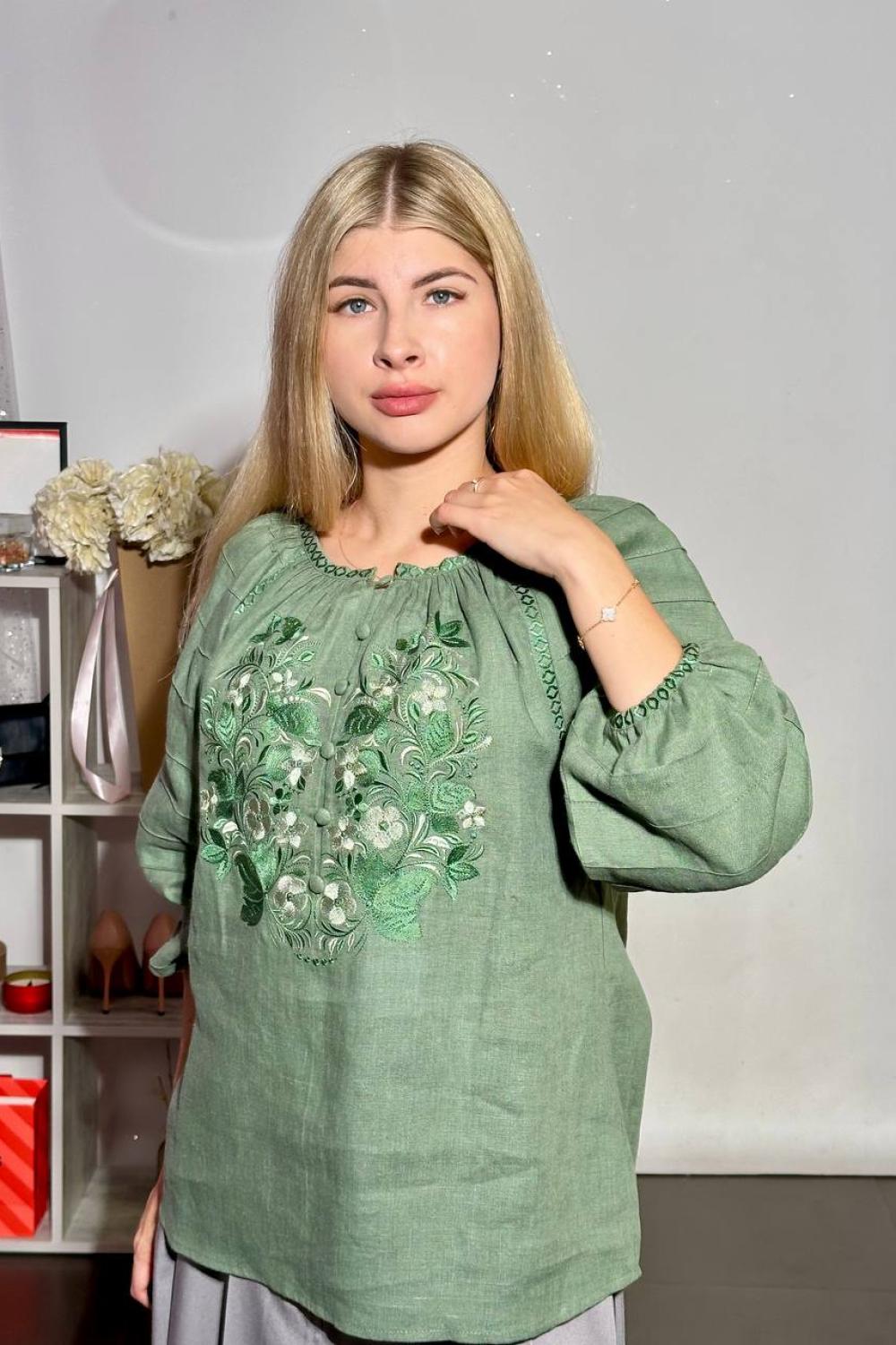 Women's green embroidered shirt of the author's work