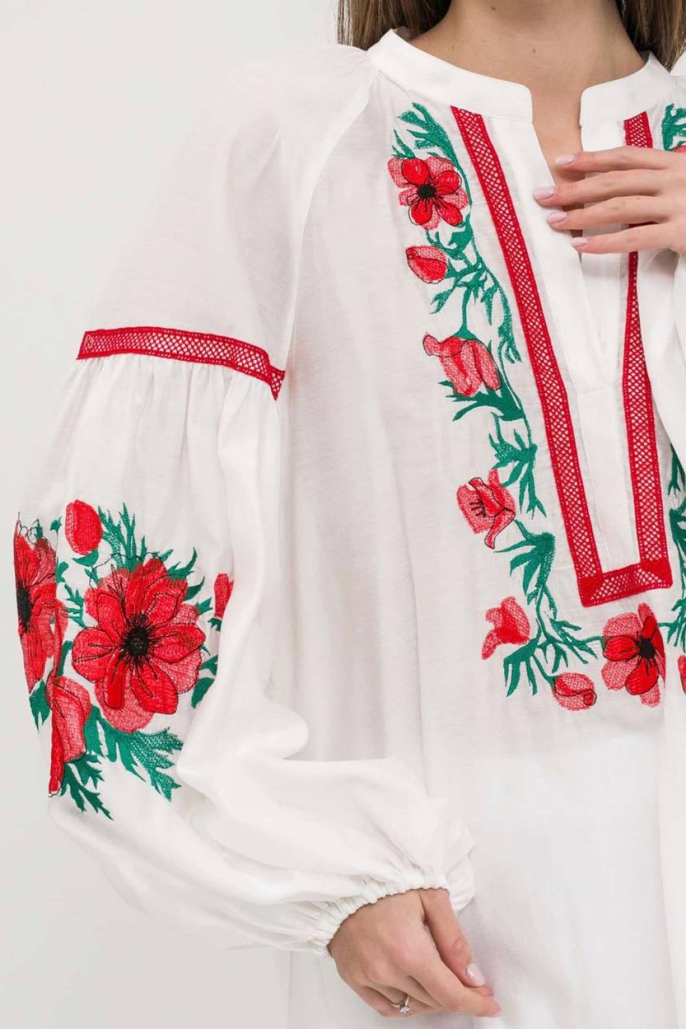 Designer light embroidered blouse with red flowers MAXA