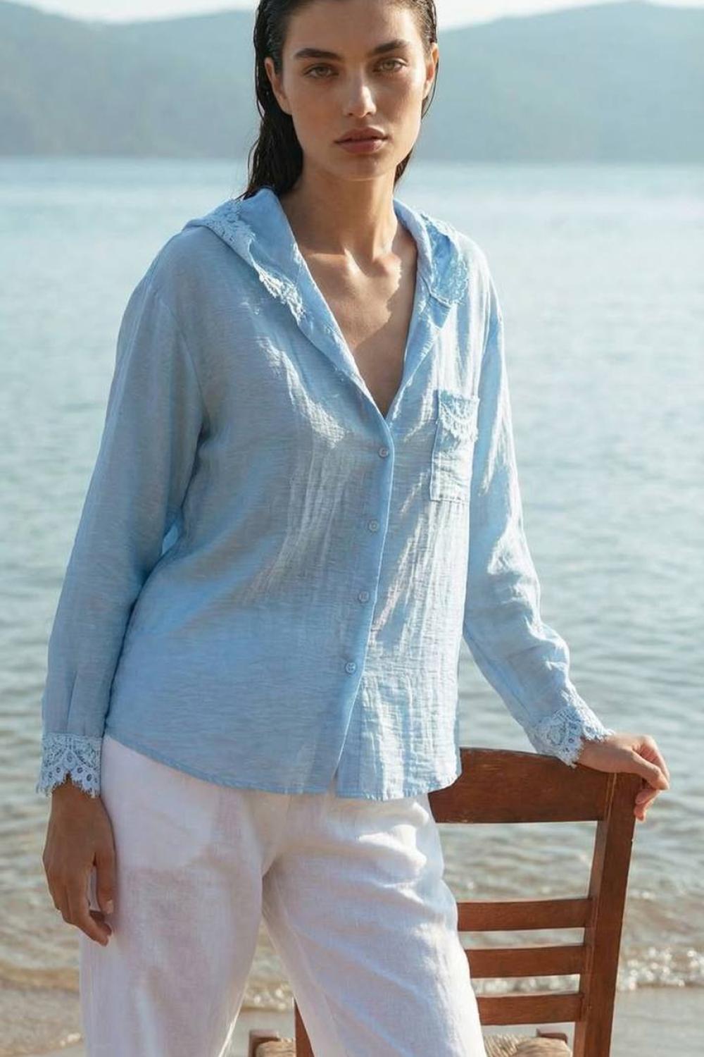 Women's light blue blouse with lace 6860