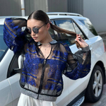 Бомбер жіночий вишитий на сітці чорно-синій EMBROIDERED GEM