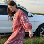 Сукня вишиванка жіноча дизайнерська лляна коралова EMBROIDERED GEM