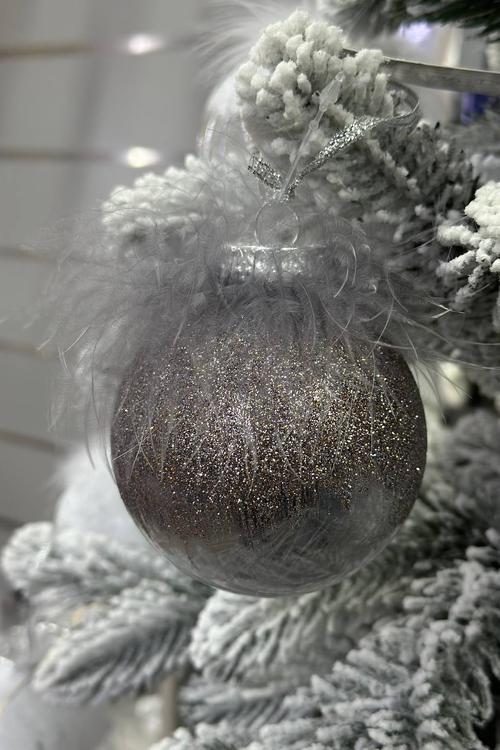 Christmas tree ball 8 cm, transparent in graphite tones of fluff and feather decor