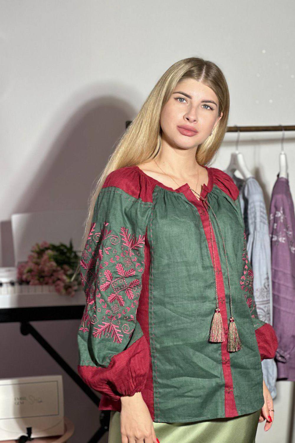 Embroidered shirt for women green with red pattern designer
