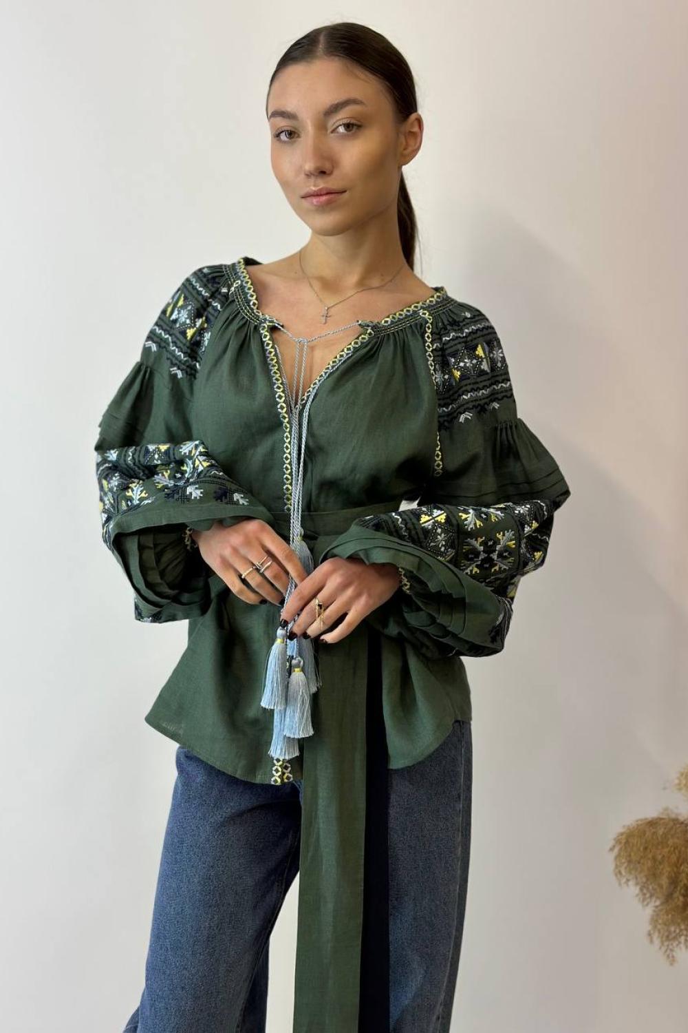 Вишиванка жіноча лляна смарагдова EMBROIDERED GEM