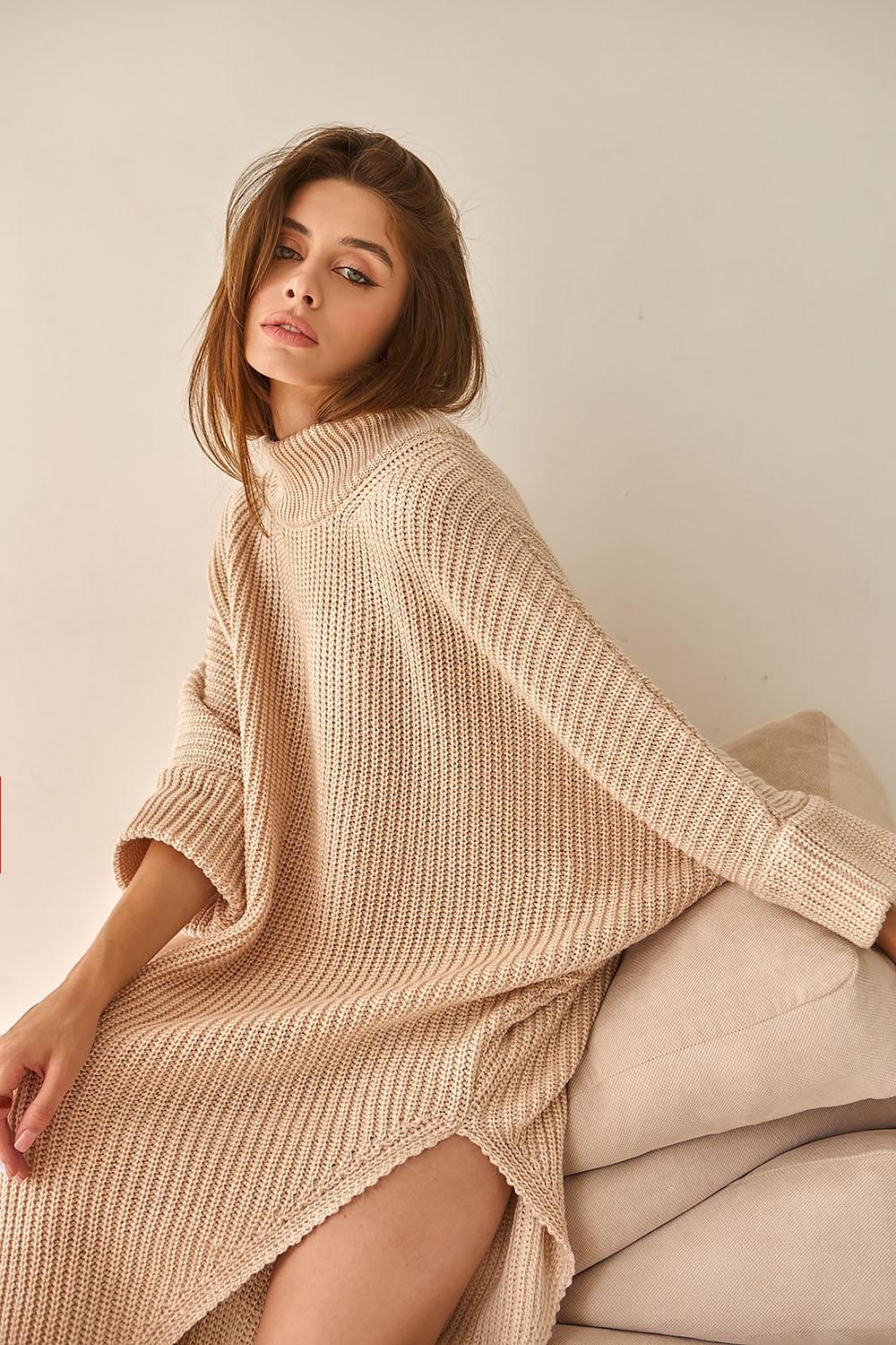 Warm pink dress in the form of a long sweater with a slit 2045 BELLISE