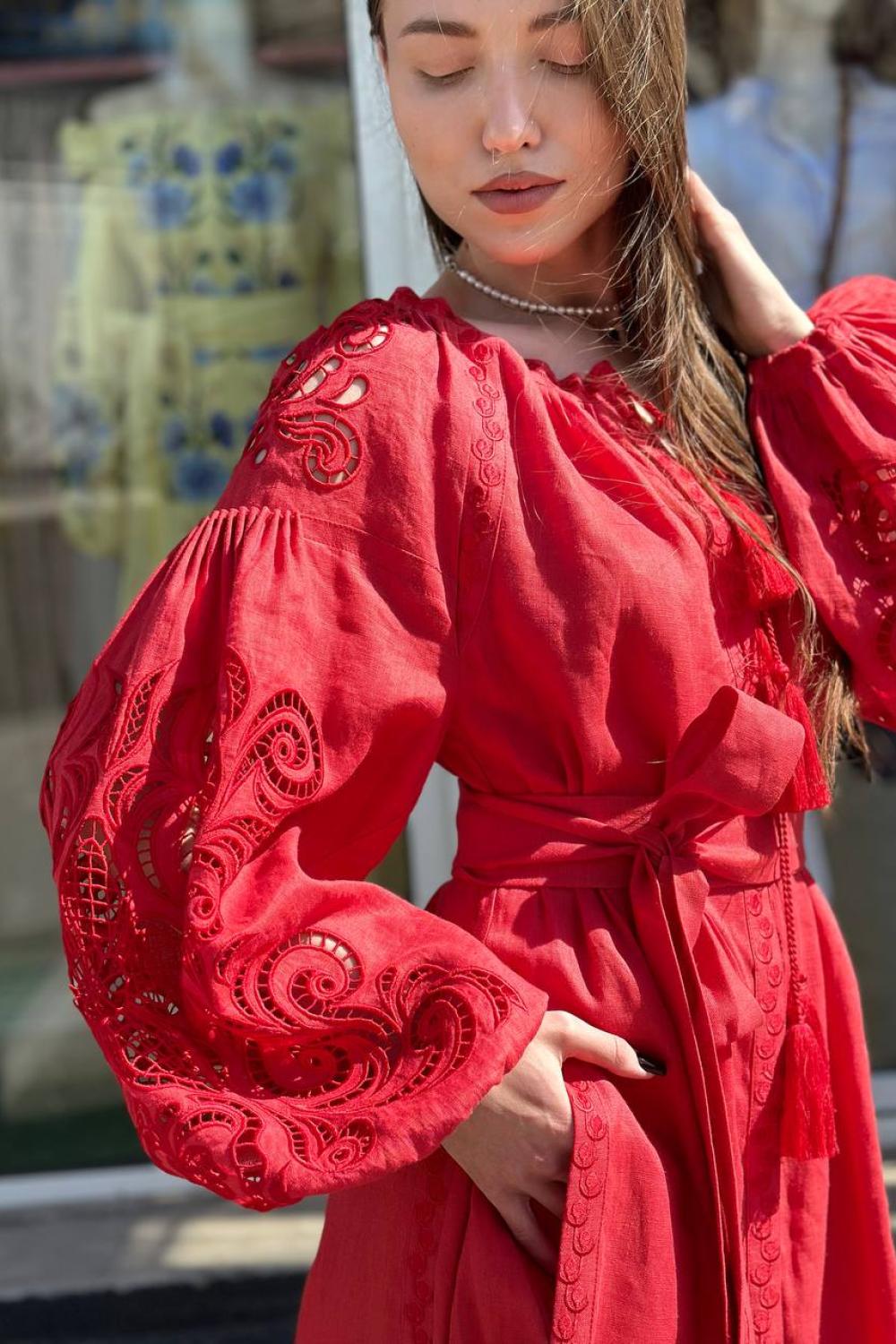 Embroidered women's linen Richelieu red EMBROIDEREDGEM dress