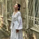 Women's white linen embroidered dress with silver embroidery Ceremonial EMBROIDERED GEM