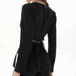 Cropped black silk blouse with ties