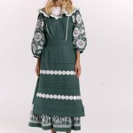 Khrystyna embroidered linen apron in emerald color