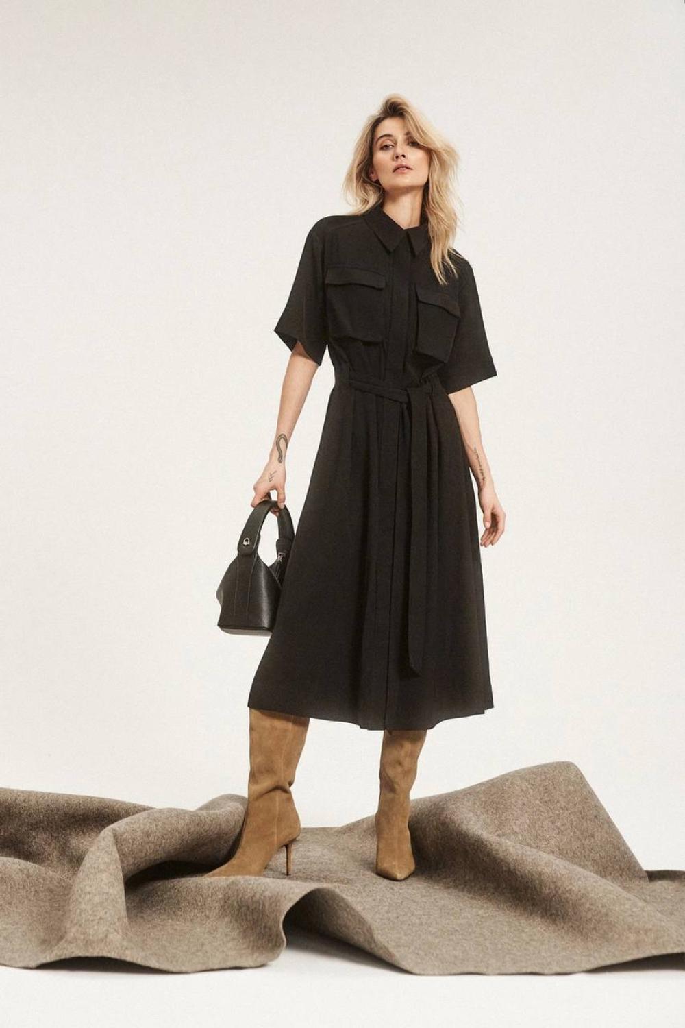 Black midi dress with patch pockets  MOODO