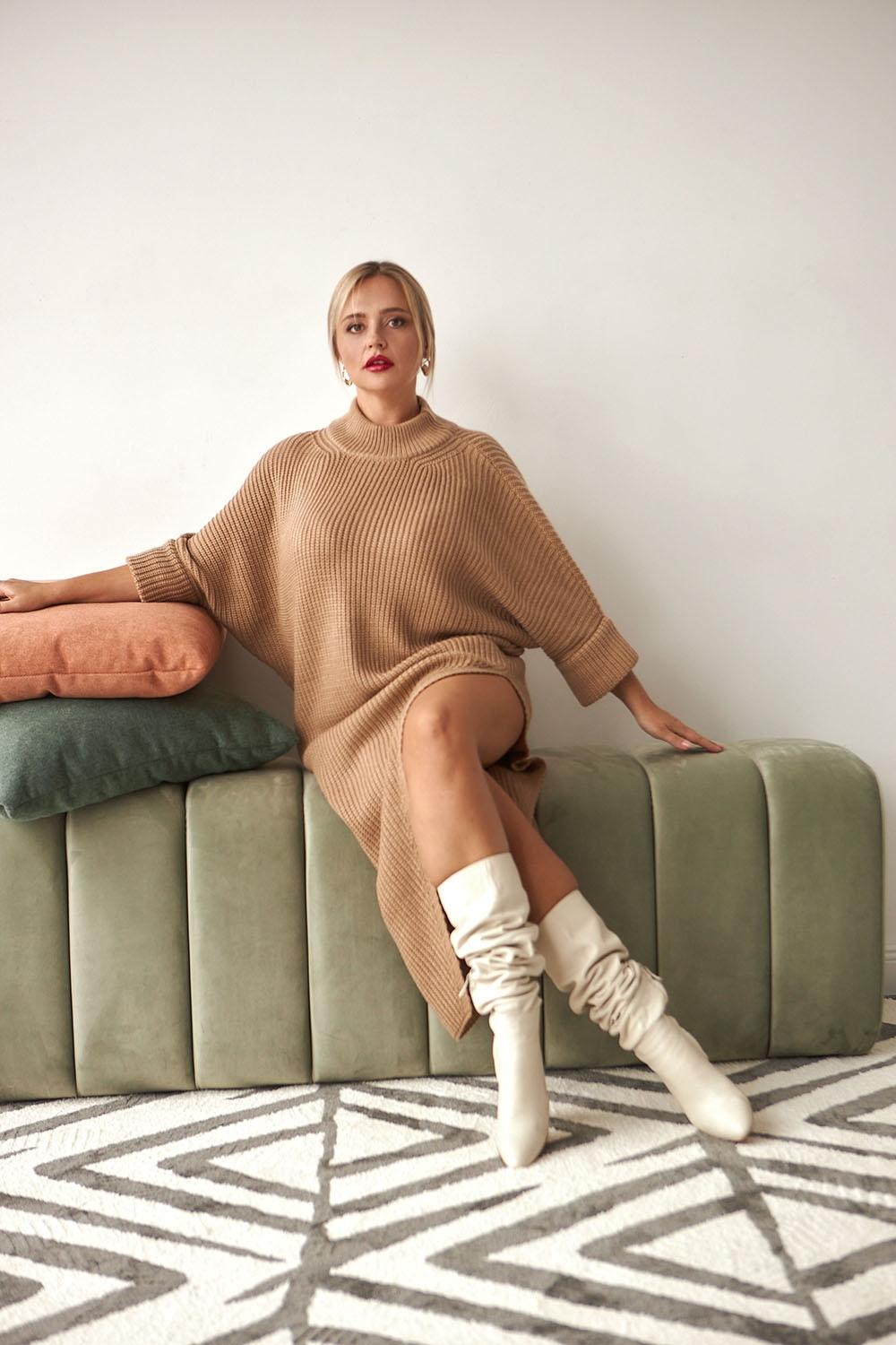 Warm beige dress in the form of a long sweater with a slit 2045 BELLISE