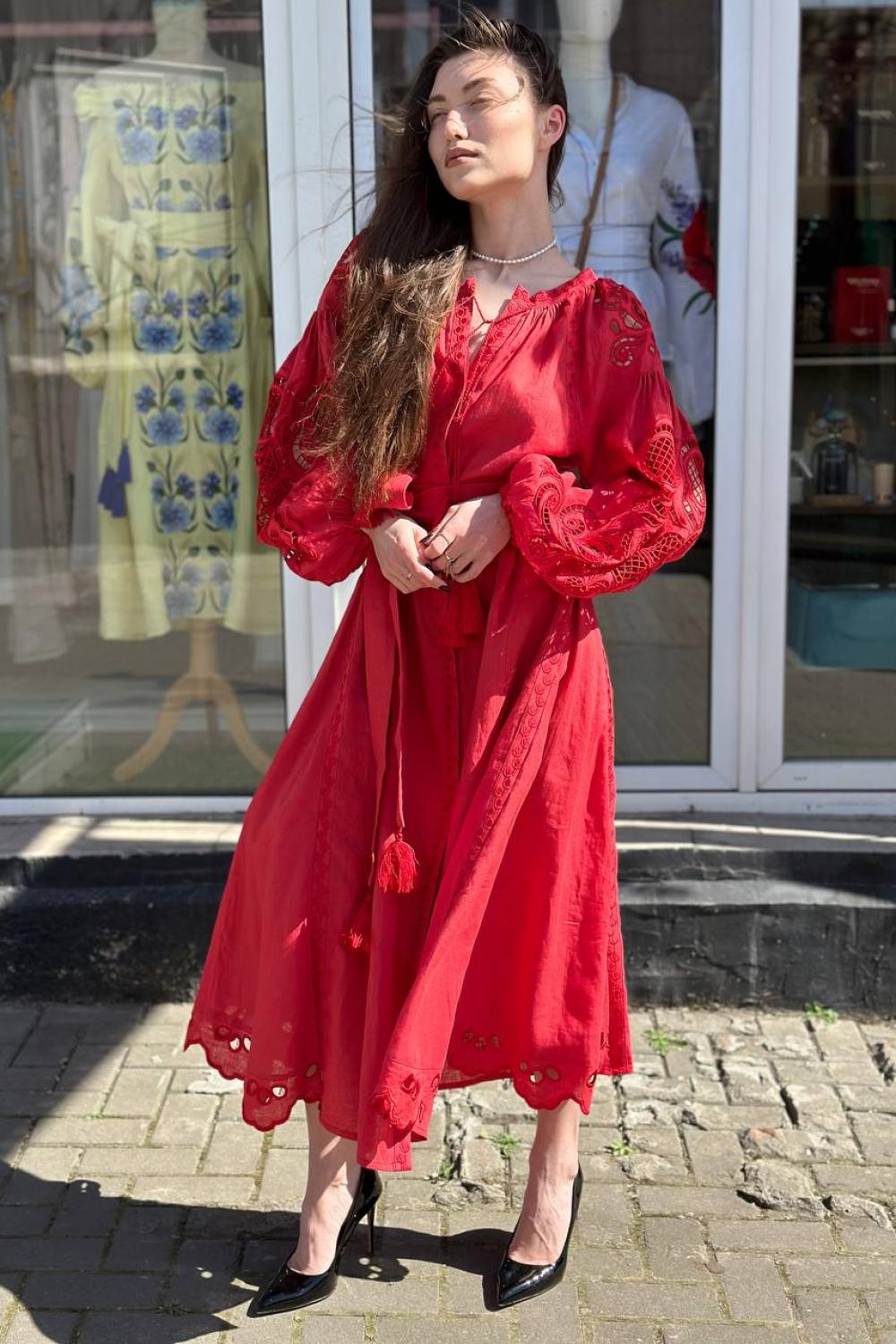 Embroidered women's linen Richelieu red EMBROIDEREDGEM dress