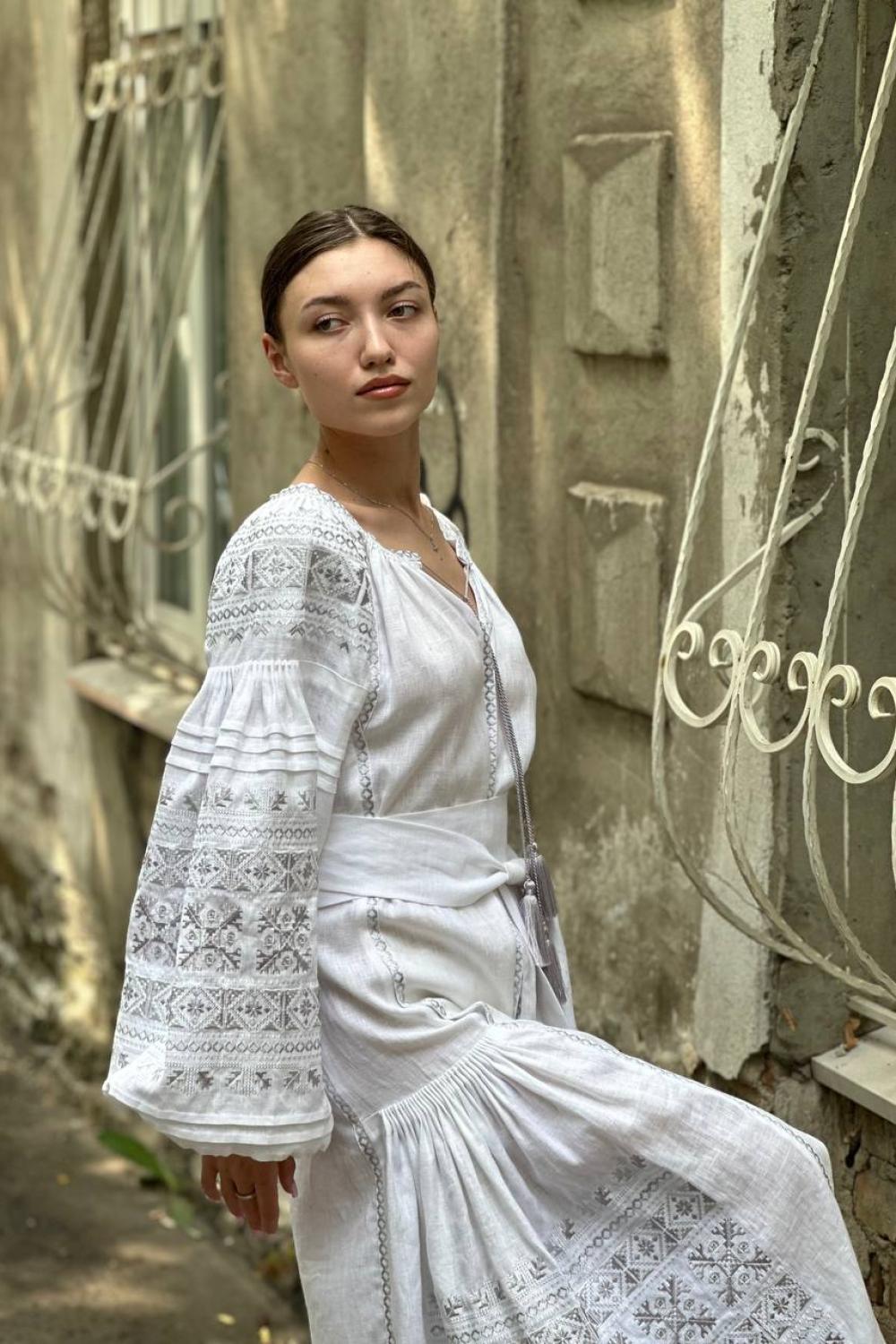 Women's white linen embroidered dress with silver embroidery Ceremonial EMBROIDERED GEM