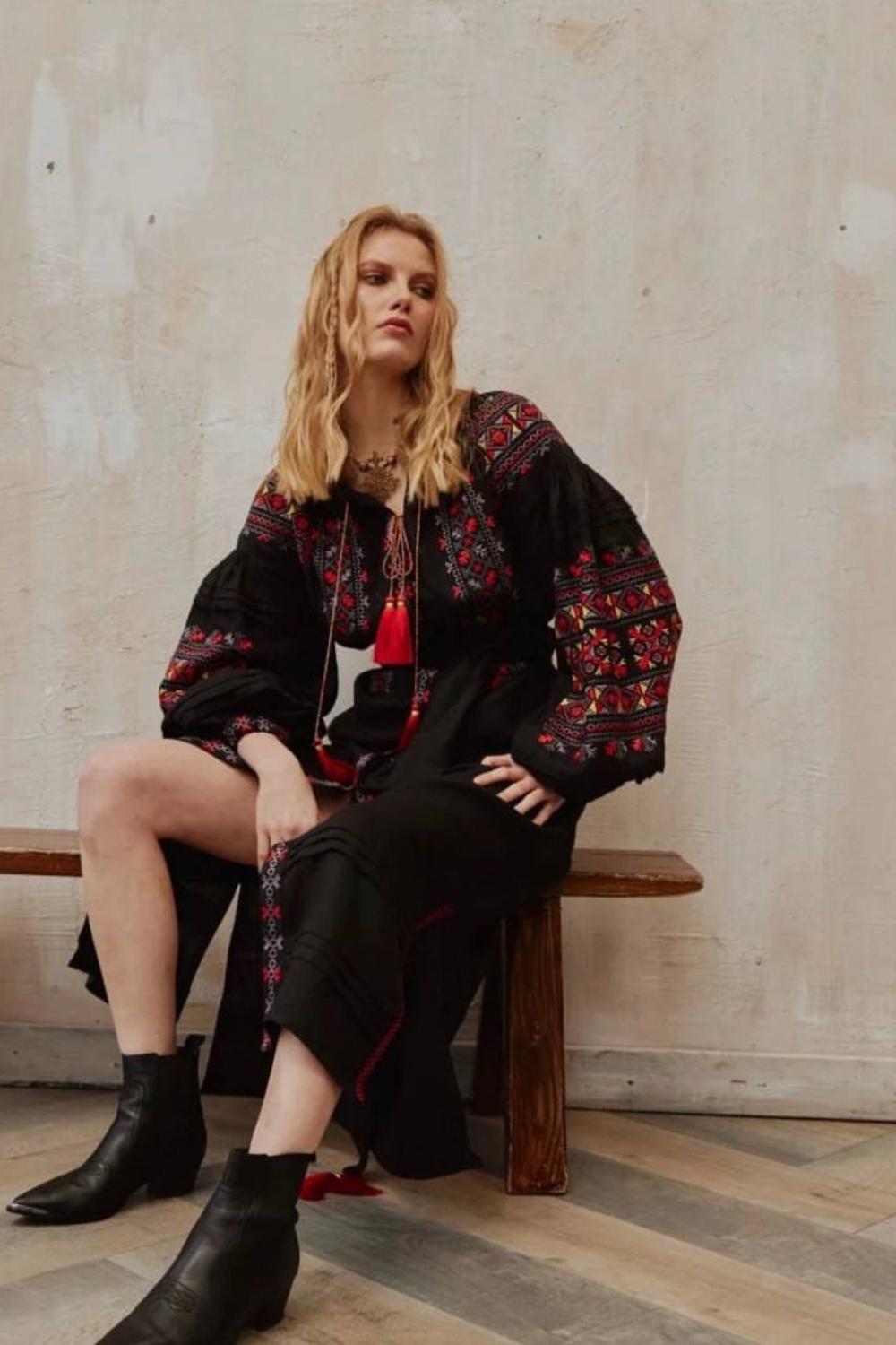 Traditional Ukrainian Embroidered Dress on Premium Black Linen