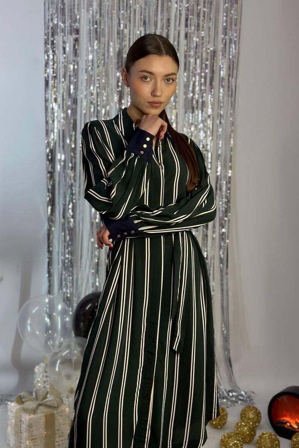 Shirt dress copper green with a long white stripe 20AH080. France. Almae