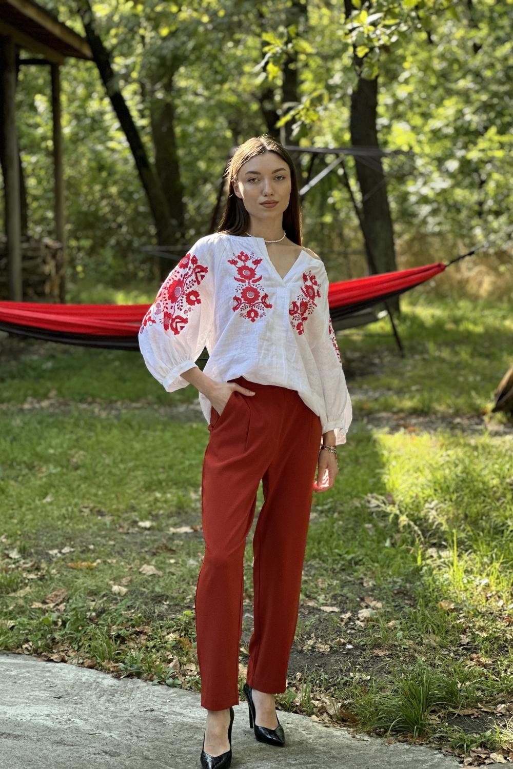 Women's embroidered white linen with red poppies MAXA