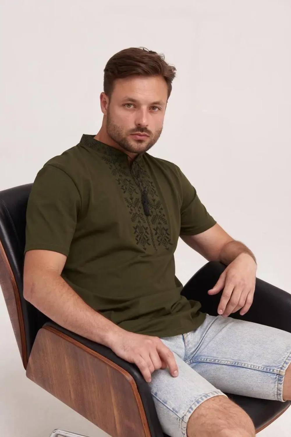 Вишиванка чоловіча в кольорі хакі Тризуб Piccolo