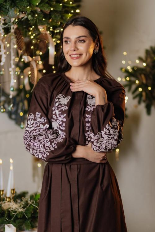 Women's brown embroidered dress with white embroidery PTAŠKA_brown_dress