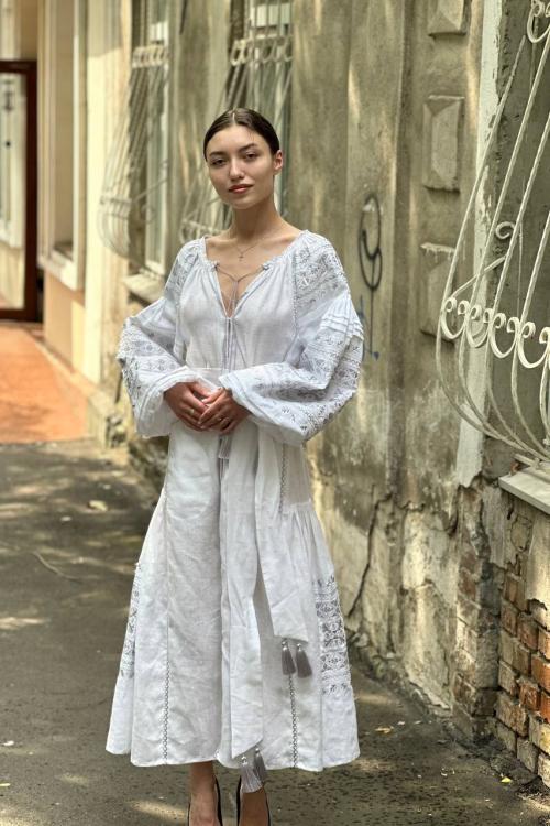 Women's white linen embroidered dress with silver embroidery Ceremonial EMBROIDERED GEM