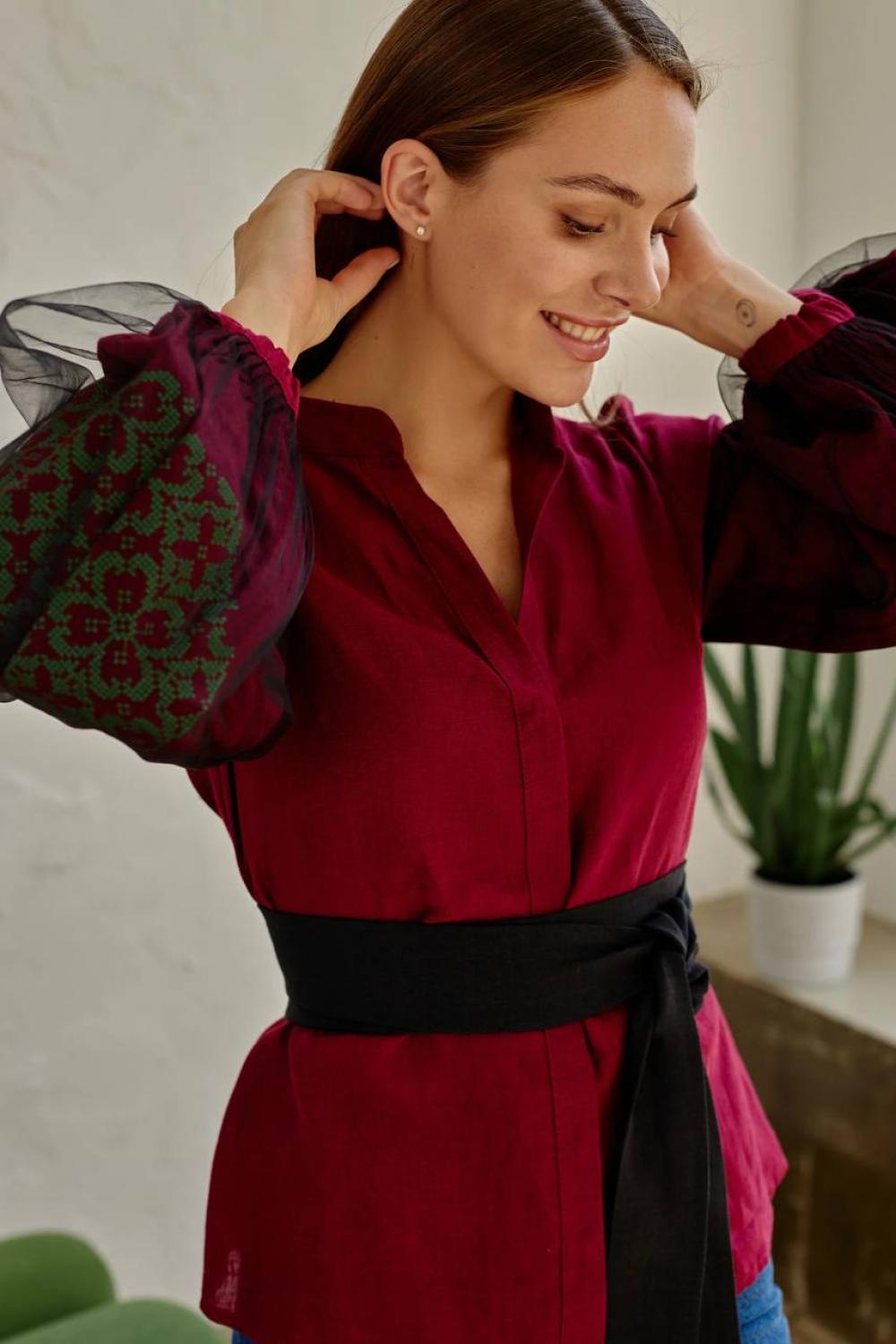Women's embroidered shirt in burgundy color, author's work