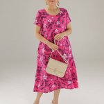 Fuchsia linen dress with print 114-6568