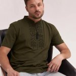 Вишиванка чоловіча в кольорі хакі Тризуб Piccolo